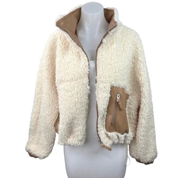 BlankNYC Cream Tan Full Zip Faux Leather Trim Teddy Fleece Sherpa Jacket Size M - Picture 1 of 4